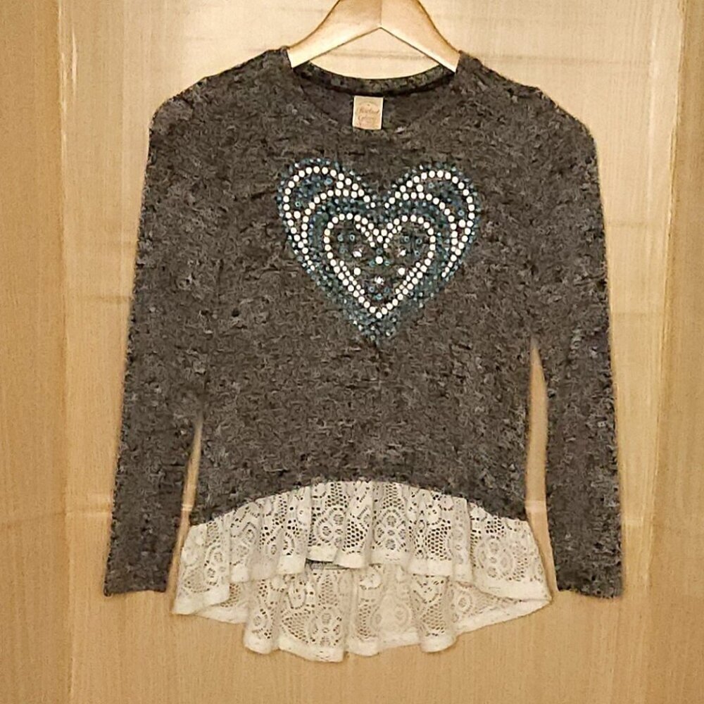 Faded Glory Girl's Black White Heathered High Low Stretchy Lace Detail Top 10-12